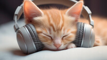 Sleeping Red Kitten Wearing Headphones, Close-up. The Cat Listens To Music, A Calming And Relaxing Melody. Healthy Sleep Concept