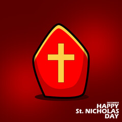 Wall Mural - Happy Saint Nicholas Day banner with St Nicholas red hat and symbol of a cross, with bold text to celebrating on December