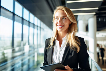 Beautiful young businesswoman with professional look, smiling holding a tablet computer in modern office building, successful woman and business concept.