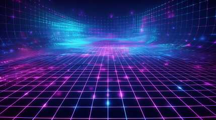 cyan blue and purple grids neon glow light lines design on perspective floor, creativity, digital, i
