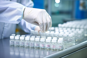 hands with sanitary gloves checking vials of liquid medical in production line, pharmaceutical manuf