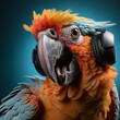 Lustiger bunter Papagei als Cartoon mit Kopfhörer, ai generativ