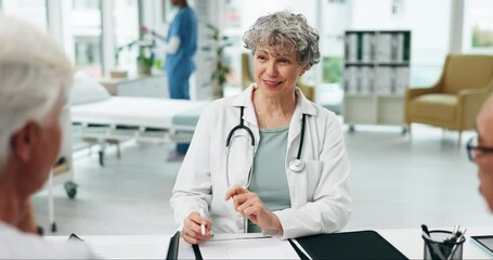 Wall Mural - Senior woman, doctor and meeting couple with notes in clinic for assessment advice, test results and healthcare insurance. Happy surgeon consulting patients with documents, medical analysis and help