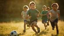 Children Playing Soccer On A Green Field Under Sunlight With Friends - Fun Outdoor Game