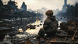 Junge in einem zerstörten Kriegsgebiet  (Generative KI)