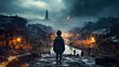 Kind steht vor einer zerstörten Kriegsstadt (Generative KI)