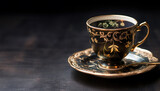 Fototapeta  - Intricate floral pattern on a antique teacup isolated on a dark banner style background. Dark wood surface.