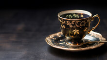 Intricate Floral Pattern On A Antique Teacup Isolated On A Dark Banner Style Background. Dark Wood Surface.