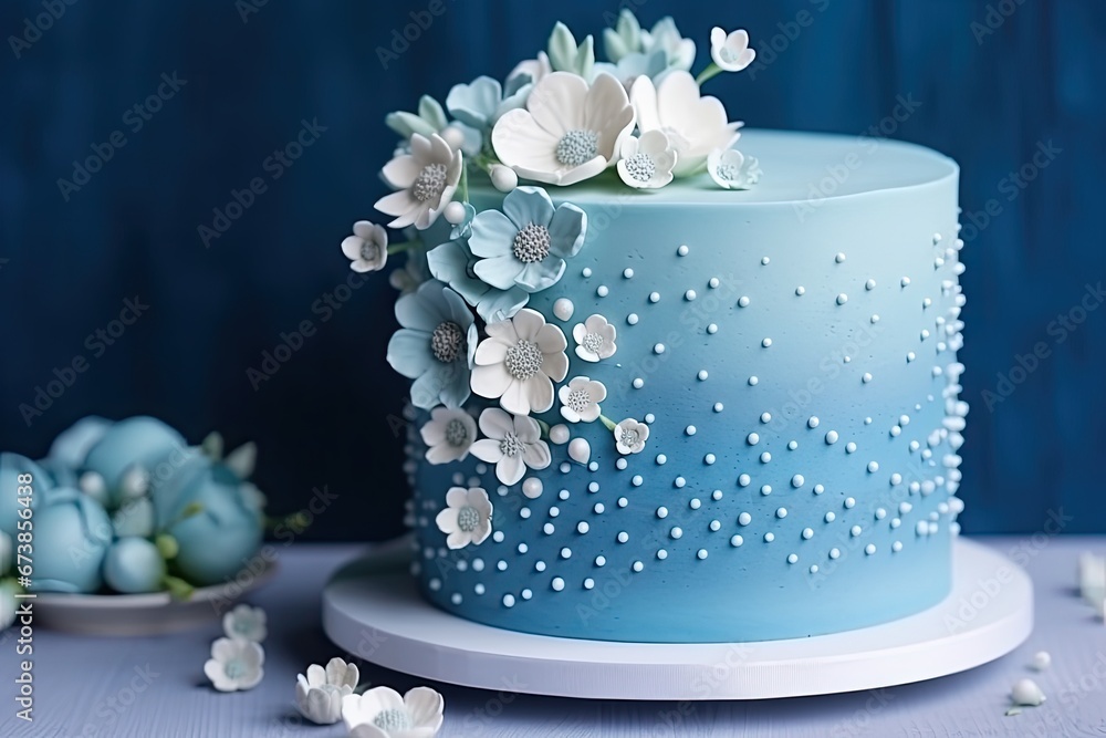 An exquisite sweet blue cake with a floral theme, perfect for weddings ...