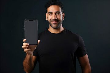 Dark-haired man in a black T-shirt holding a smartphone in front of him with a blank screen on a dark background