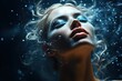 Woman surrounded by Stardust Blue Glitters Sparkles Sci-Fi Mysterious Glittering Sparkling Bling Artistic Creative Concept Art for Advertising Promotional Materials Presentation Template Background