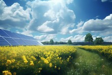 A Sunny Landscape Showcasing Yellow Flowers, Solar Panels, Blue Sky, And Clouds. Generative AI