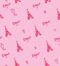 Abstract Seamless Paris Pattern With Eiffel Tower And Text Bonjour. Lettering Ornament.