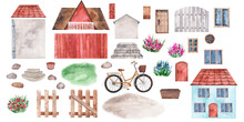 Houses, Roofs, Windows, Doors, Fences And Flowerpots, Bicycle. Watercolor Illustrations For Constructing Houses In European Style. Isolated Clipart For Postcards, Books, Posters, Children's Room.
