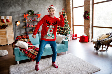 Poster - Full size portrait of carefree cheerful young man enjoy dancing christmastime magic spirit apartment indoors