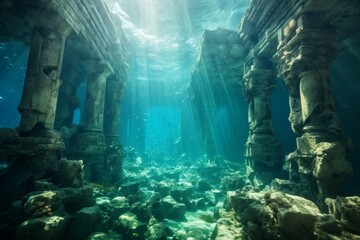 Wall Mural - Legendary Atlantis. The sunken continent of an ancient highly developed civilization. Underwater historical discoveries