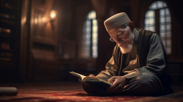 A Muslim senior sitting in masjid reading quran before prayer time.