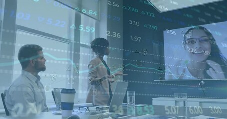 Wall Mural - Animation of financial data processing over diverse businesspeople in office