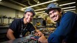 Two young electrician students smile while doing work practices, vocational training concept.