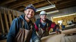 Two young smiling carpenter boys working in the carpentry shop
