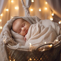 Newborn baby sleeping in the cradle.