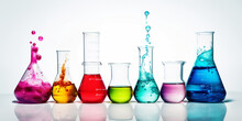 Test Tubes Of Different Shapes And Sizes With Different Colored Liquid On A White Background