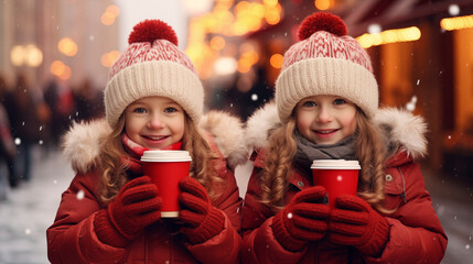 Wall Mural - 
happy little twin girls with paper coffee cups on christmas background