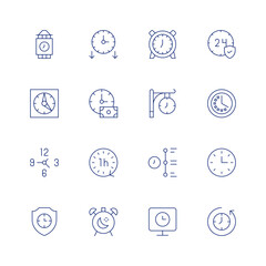 Wall Mural - Clock line icon set on transparent background with editable stroke. Containing down time, time, one hour, clock, tower clock, wall clock, alarm clock, alarm, timeline, h, back in time.