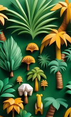 Canvas Print - Tropical Trees and safari animals wallpaper design - 3D illustration, Generative AI