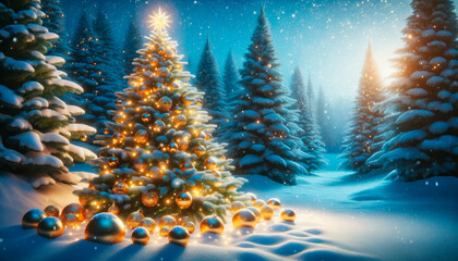 Christmas and New Year holidays background. Christmas trees in the snow. Generative AI