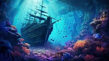 Pirate Wreck Illustration, Concept Art, Underwater Background