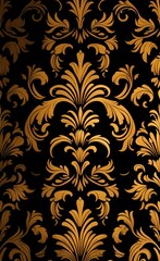  Damask Luxury Wallpaper. Golden Seamless Pattern with isolated Black Background. floral damask luxury black and golden illustration wallpaper, Generative AI
