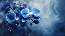  A Painting Of Two Blue Orchids On A Blue And White Background With A Blue Swirl In The Middle Of The Image.  Generative Ai