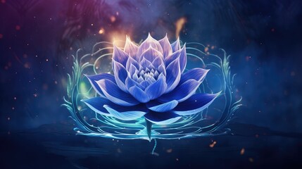 Sticker -  a blue flower floating on top of a body of water in front of a purple and blue sky with stars.  generative ai