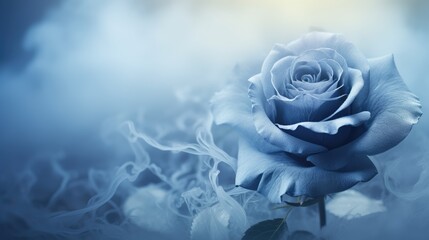 Sticker -  a close up of a blue rose on a blue and white background with smoke coming out of the middle of it.  generative ai