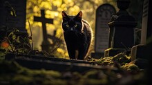  A Black Cat Walking Through A Cemetery With Moss Growing On The Ground And A Cemetery Marker In The Foreground.  Generative Ai