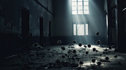 Wall Mural -  a sunbeam shines through a window into a dark room with a bunch of dead flowers in the foreground.  generative ai