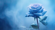  a close up of a blue rose with water droplets on it's petals and a smoke trail in the background.  generative ai