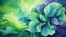  A Painting Of A Large Green Flower On A Blue And Green Background With Swirls Of Light Coming From The Petals.  Generative Ai
