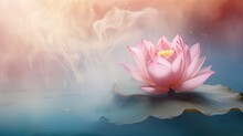  A Pink Lotus Flower Sitting On Top Of A Lily Pad On A Body Of Water With A Waterfall In The Background.  Generative Ai
