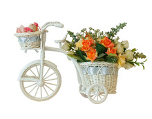 A Prop For Decorating A Vintage Style Room That Is A White Tricycle With Colorful Flowers In A Basket On The Back Isolated On Transparent Background