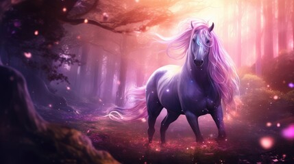 Poster -  a horse standing in the middle of a forest with a light shining on it's back and its mane blowing in the wind.  generative ai