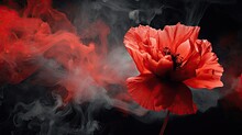  A Red Flower With Smoke Coming Out Of It's Center On A Black Background With Red And White Smoke.  Generative Ai