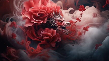 Poster -  a painting of a dragon with red flowers on it's head and a black body of water in the background.  generative ai