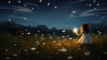  A Little Girl Standing In A Field Of Daisies Holding A Lite Up Sparkler In The Night Sky.  Generative Ai