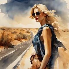 Sticker - AI generated illustration of a blonde woman in sunglasses standing on the side of a rural road