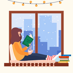 Young woman  reading book sitting by the window. Girl inside home spent time for reading book on holiday or vacation.  Window with winter landscape with falling snow cartoon vector illustration.