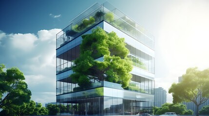 Wall Mural - Eco-friendly building in the modern city. Sustainable glass office building with tree for reducing carbon dioxide. Office building with green environment. Corporate building reduce CO2