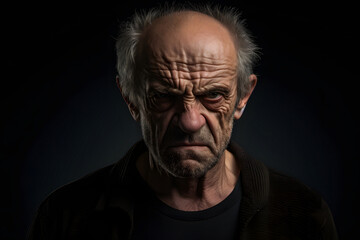 Angry senior Caucasian man, head and shoulders portrait on black background. Neural network generated photorealistic image. Not based on any actual person or scene.