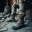 soldier boots in the middle of a destroyed building war background image